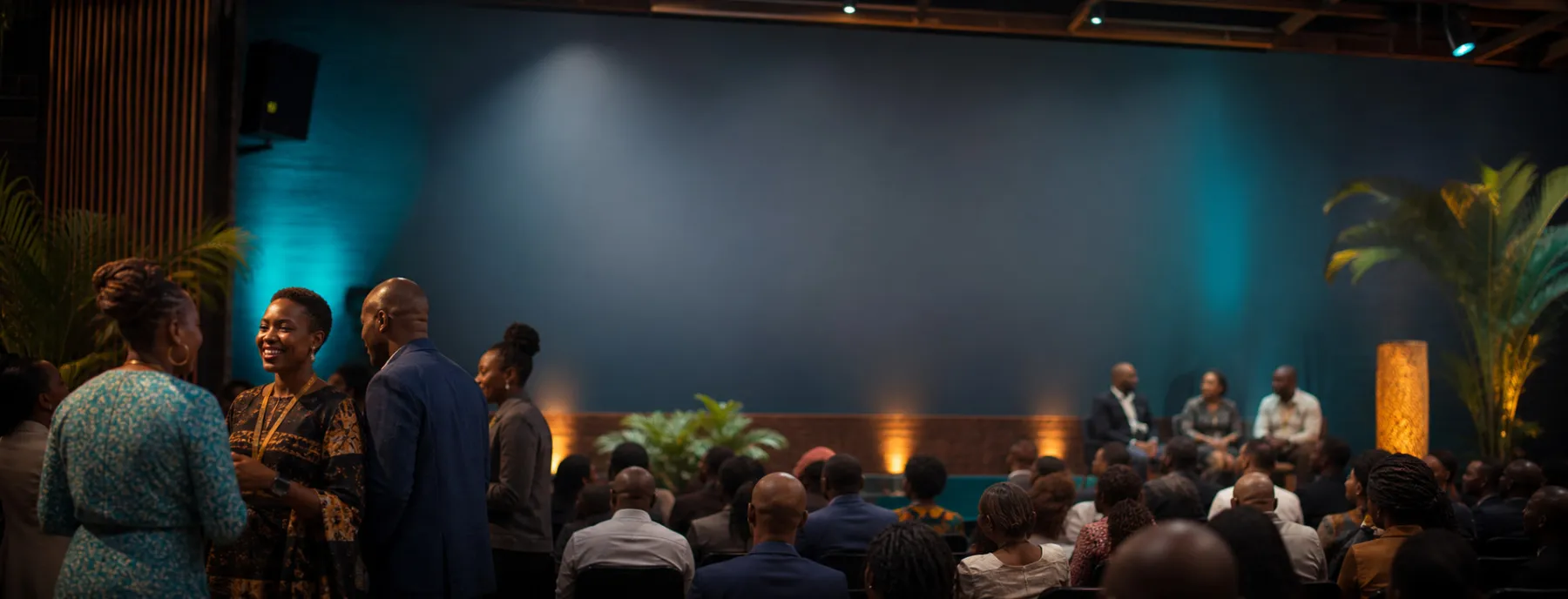 Guests mingling at a community event with a panel on stage